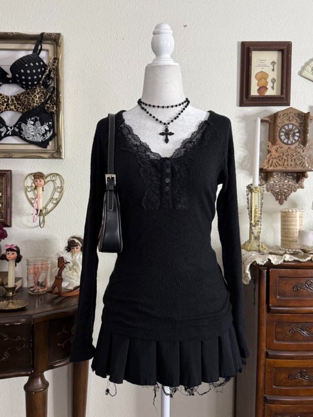 Y2k dark coquette romantic goth black ribbed long sleeve henley top w lace trim